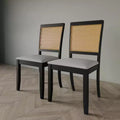 ChaletPosh Set of 2 Black Wooden Dining Chair with Cane in Light Grey Cover