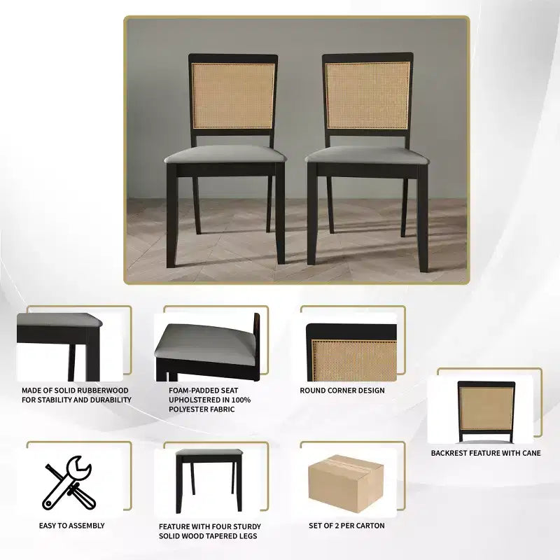 Set of 2 Black Wooden Dining Chair with Cane in Light Grey Cover