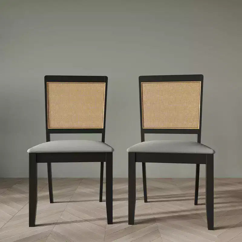 Set of 2 Black Wooden Dining Chair with Cane in Light Grey Cover