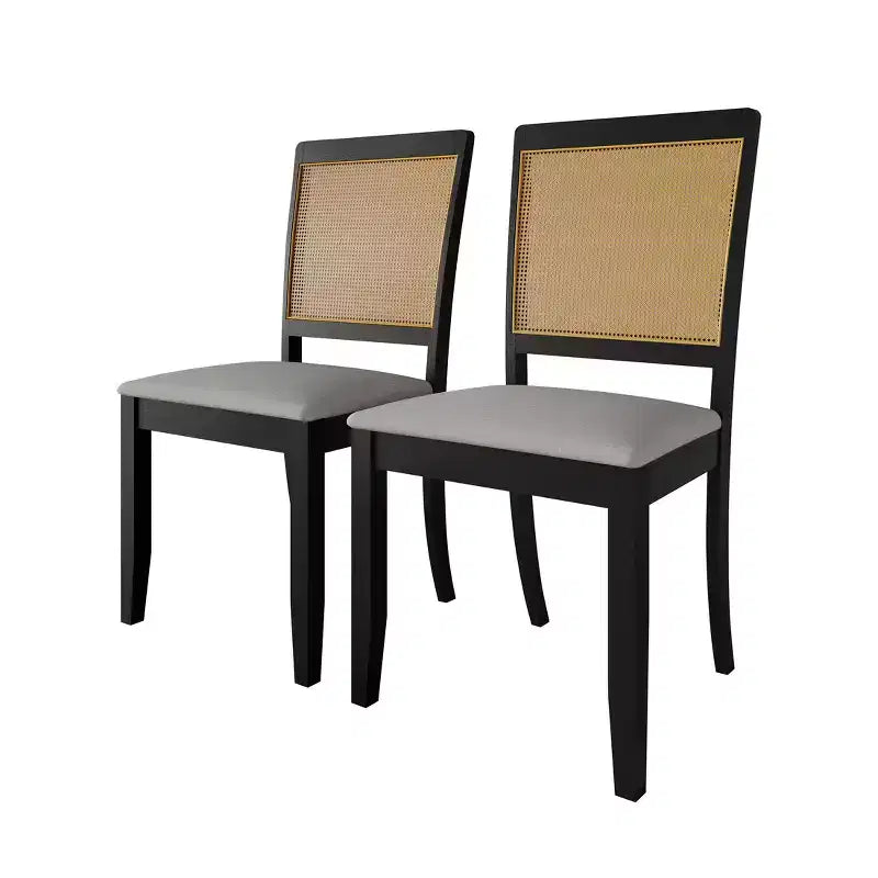 Set of 2 Black Wooden Dining Chair with Cane in Light Grey Cover
