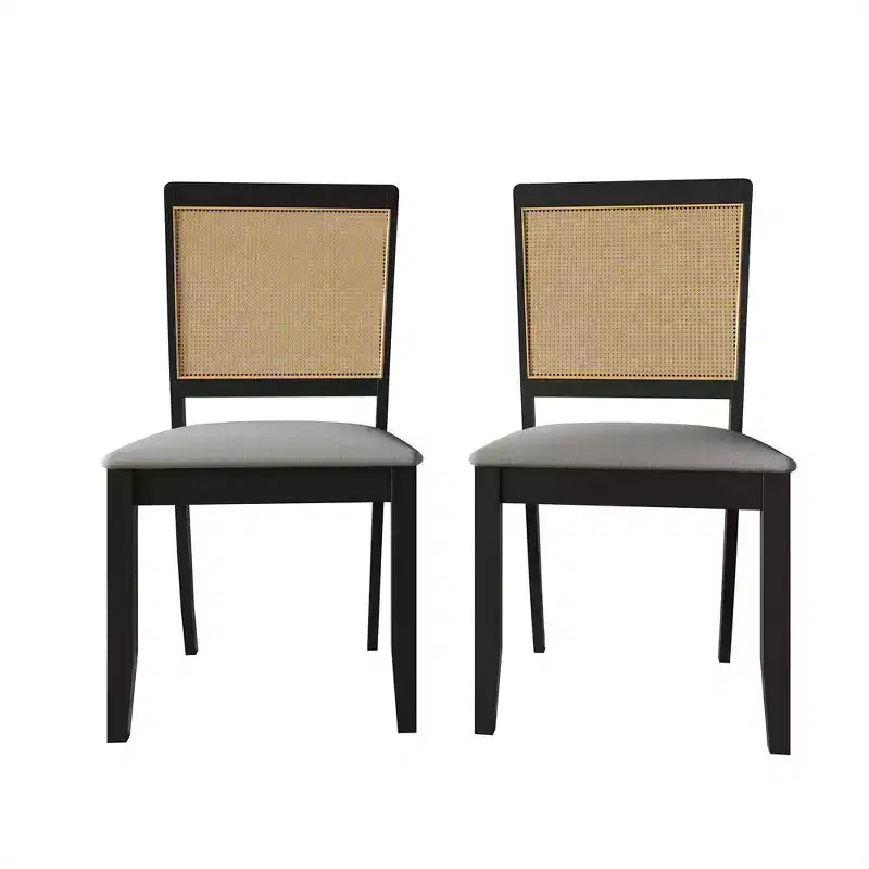 Set of 2 Black Wooden Dining Chair with Cane in Light Grey Cover