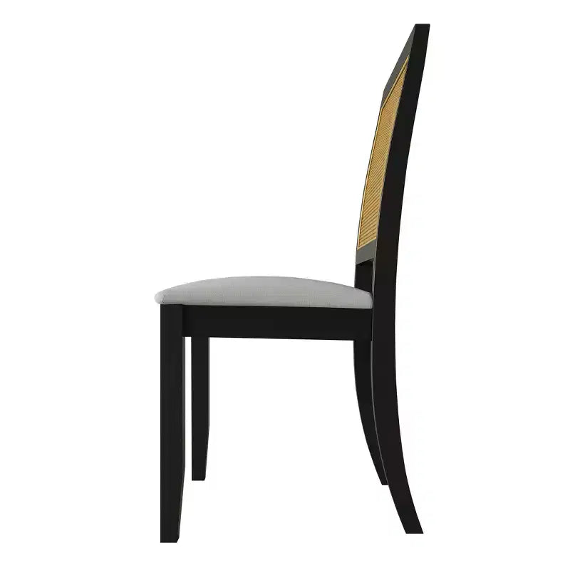 Set of 2 Black Wooden Dining Chair with Cane in Light Grey Cover
