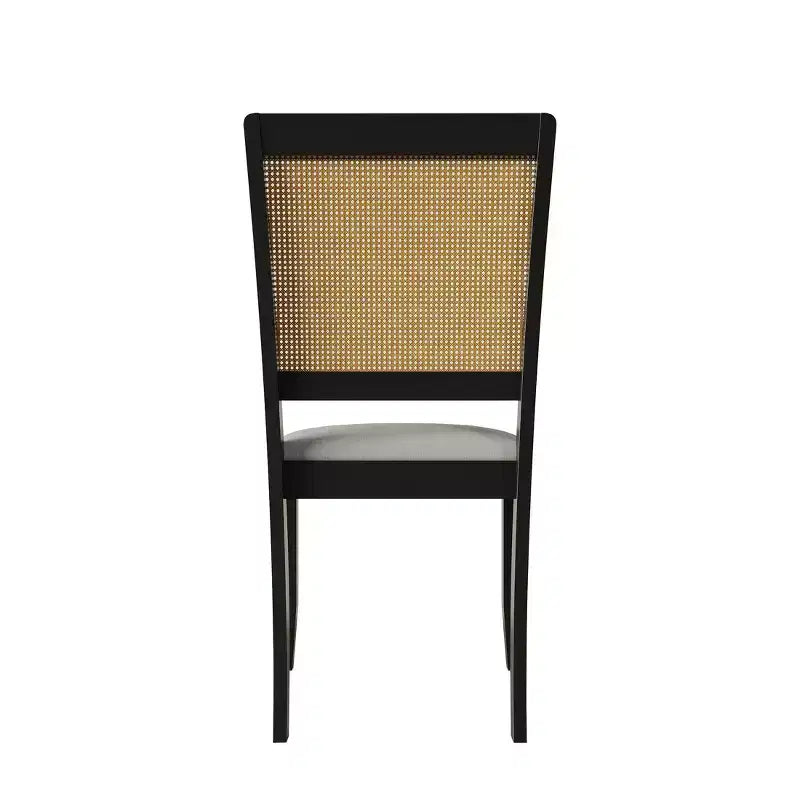 Set of 2 Black Wooden Dining Chair with Cane in Light Grey Cover