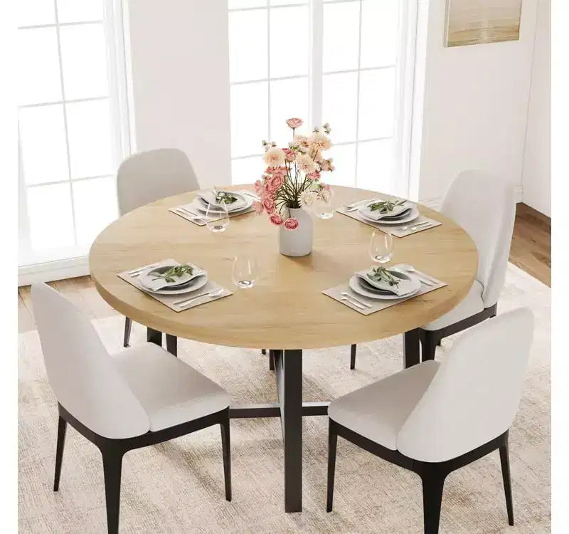 47'' Round Dining Table, Industrial Round Kitchen Table for 4-6 People, Wooden Kitchen Furniture with Heavy Duty Metal Legs for Small Dining Room