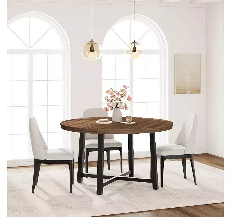 47'' Round Dining Table, Industrial Round Kitchen Table for 4-6 People, Wooden Kitchen Furniture with Heavy Duty Metal Legs for Small Dining Room