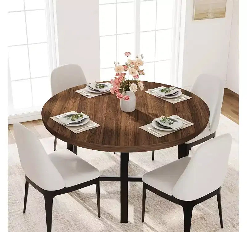 47'' Round Dining Table, Industrial Round Kitchen Table for 4-6 People, Wooden Kitchen Furniture with Heavy Duty Metal Legs for Small Dining Room