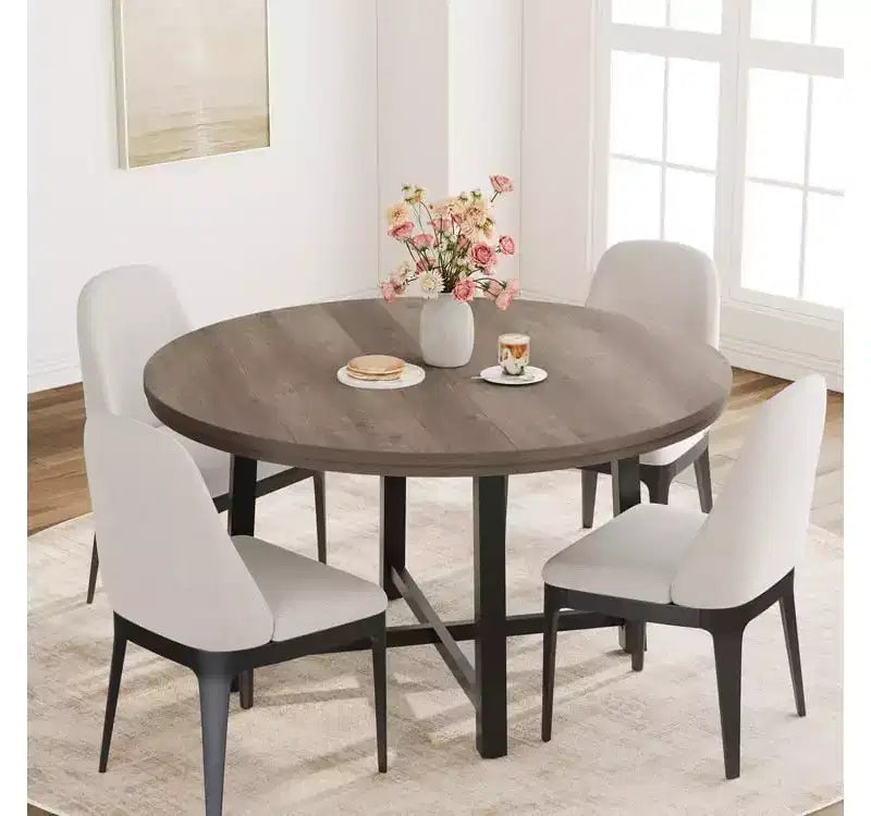 47'' Round Dining Table, Industrial Round Kitchen Table for 4-6 People, Wooden Kitchen Furniture with Heavy Duty Metal Legs for Small Dining Room