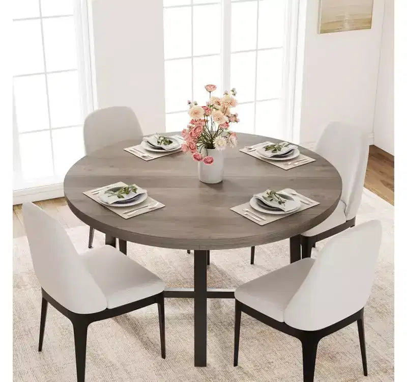 47'' Round Dining Table, Industrial Round Kitchen Table for 4-6 People, Wooden Kitchen Furniture with Heavy Duty Metal Legs for Small Dining Room
