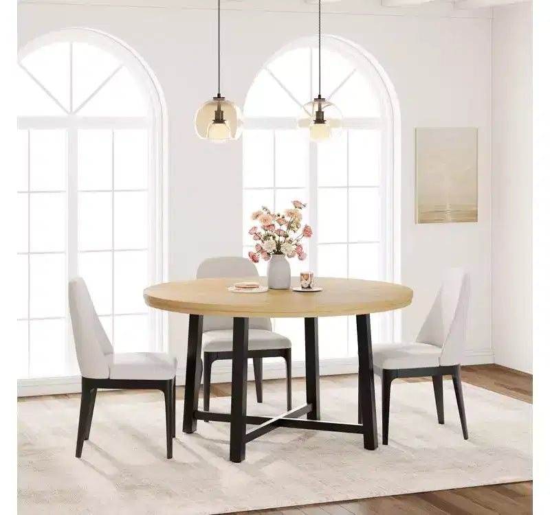 47'' Round Dining Table, Industrial Round Kitchen Table for 4-6 People, Wooden Kitchen Furniture with Heavy Duty Metal Legs for Small Dining Room