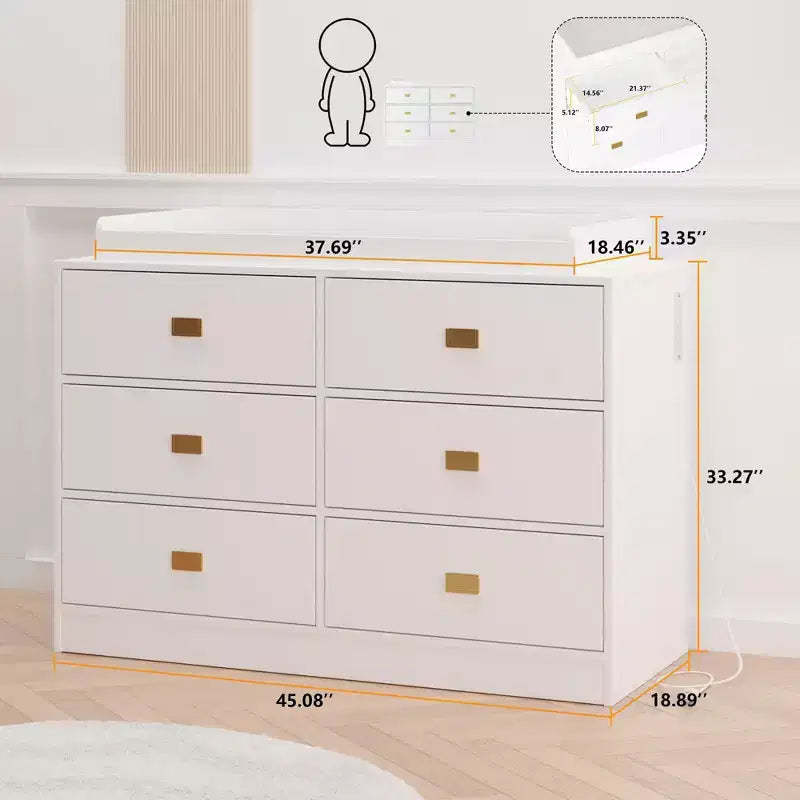 Nursery Dresser with Changing Table Top,6-Drawer Baby Dresser with Anti-Tip Kit, Waterproof Top & Safety Rails,Non-Toxic MDF Storage Organizer