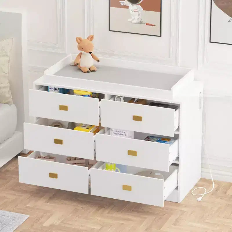 Nursery Dresser with Changing Table Top,6-Drawer Baby Dresser with Anti-Tip Kit, Waterproof Top & Safety Rails,Non-Toxic MDF Storage Organizer
