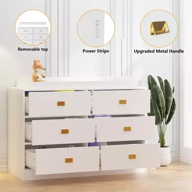 Nursery Dresser with Changing Table Top,6-Drawer Baby Dresser with Anti-Tip Kit, Waterproof Top & Safety Rails,Non-Toxic MDF Storage Organizer