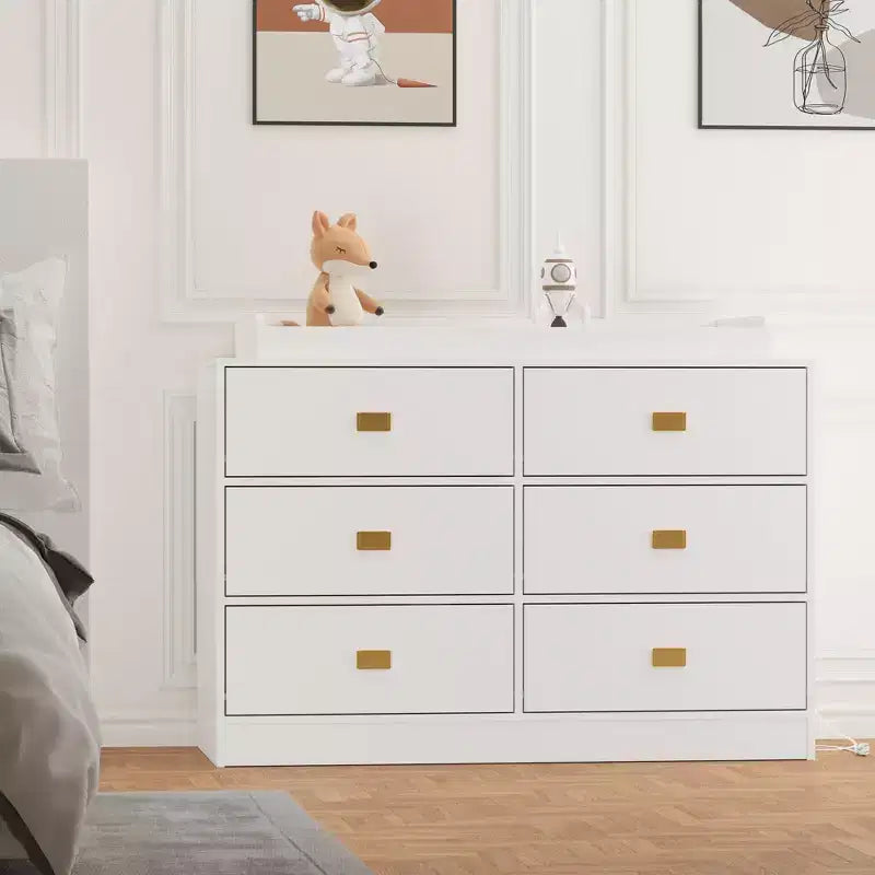 Nursery Dresser with Changing Table Top,6-Drawer Baby Dresser with Anti-Tip Kit, Waterproof Top & Safety Rails,Non-Toxic MDF Storage Organizer
