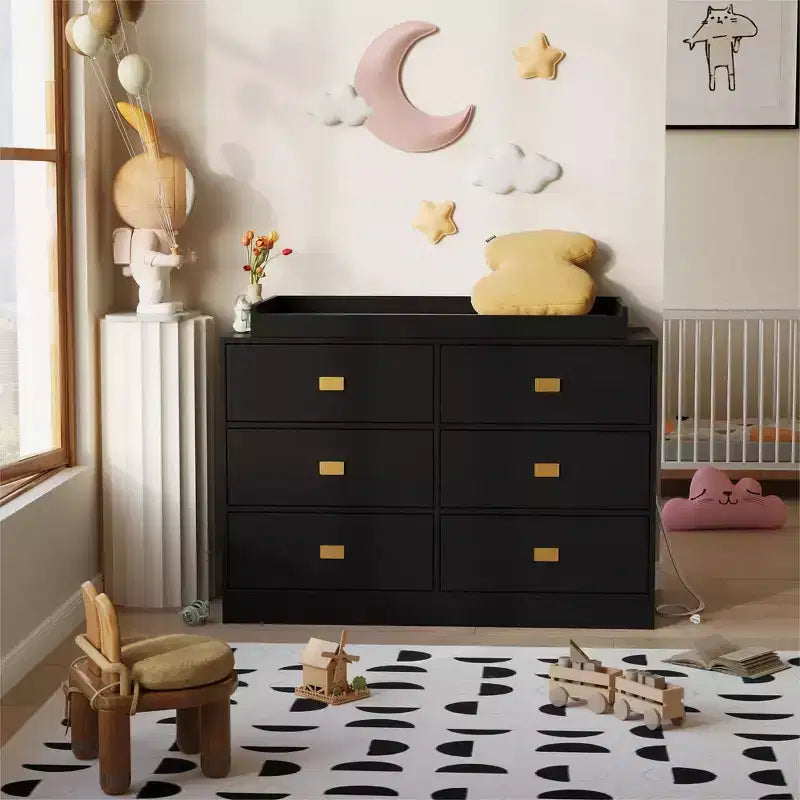 Nursery Dresser with Changing Table Top,6-Drawer Baby Dresser with Anti-Tip Kit, Waterproof Top & Safety Rails,Non-Toxic MDF Storage Organizer