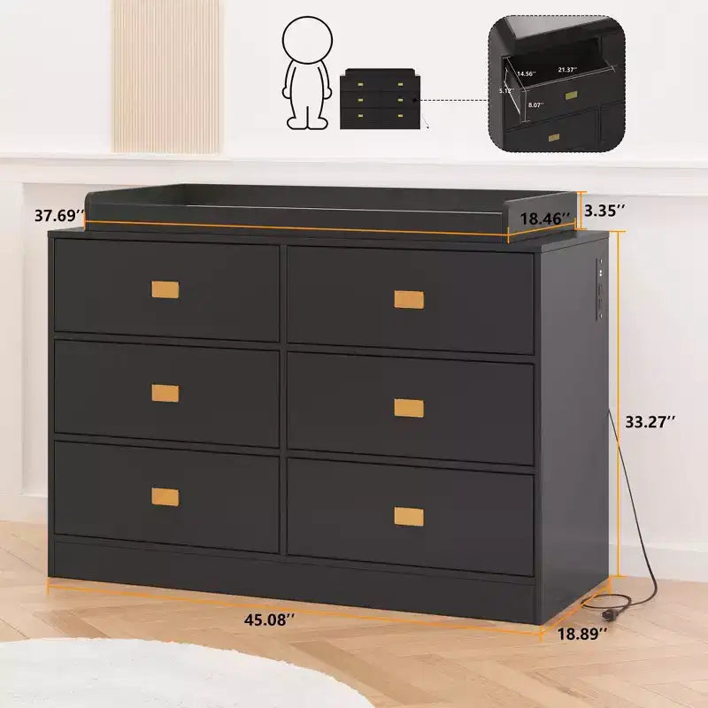 Nursery Dresser with Changing Table Top,6-Drawer Baby Dresser with Anti-Tip Kit, Waterproof Top & Safety Rails,Non-Toxic MDF Storage Organizer