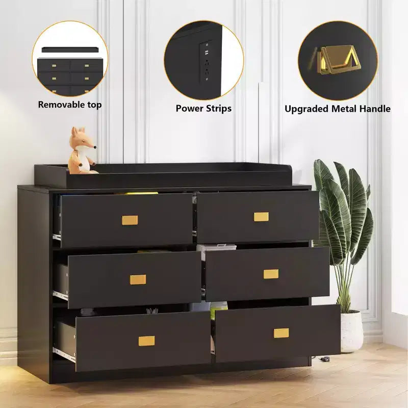 Nursery Dresser with Changing Table Top,6-Drawer Baby Dresser with Anti-Tip Kit, Waterproof Top & Safety Rails,Non-Toxic MDF Storage Organizer