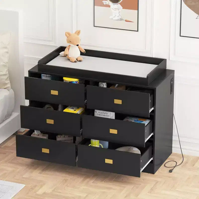Nursery Dresser with Changing Table Top,6-Drawer Baby Dresser with Anti-Tip Kit, Waterproof Top & Safety Rails,Non-Toxic MDF Storage Organizer