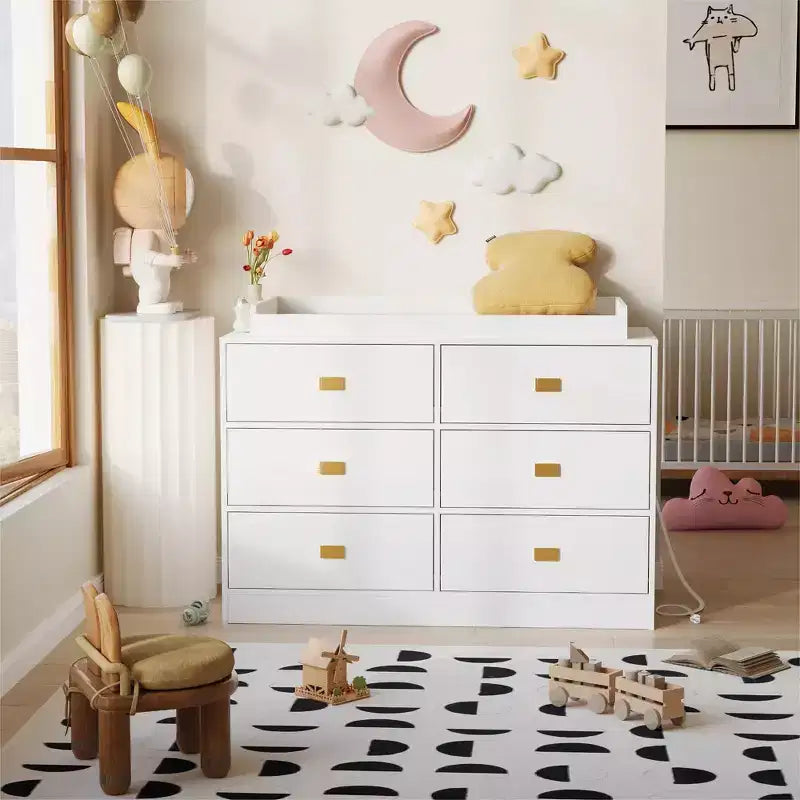 Nursery Dresser with Changing Table Top,6-Drawer Baby Dresser with Anti-Tip Kit, Waterproof Top & Safety Rails,Non-Toxic MDF Storage Organizer