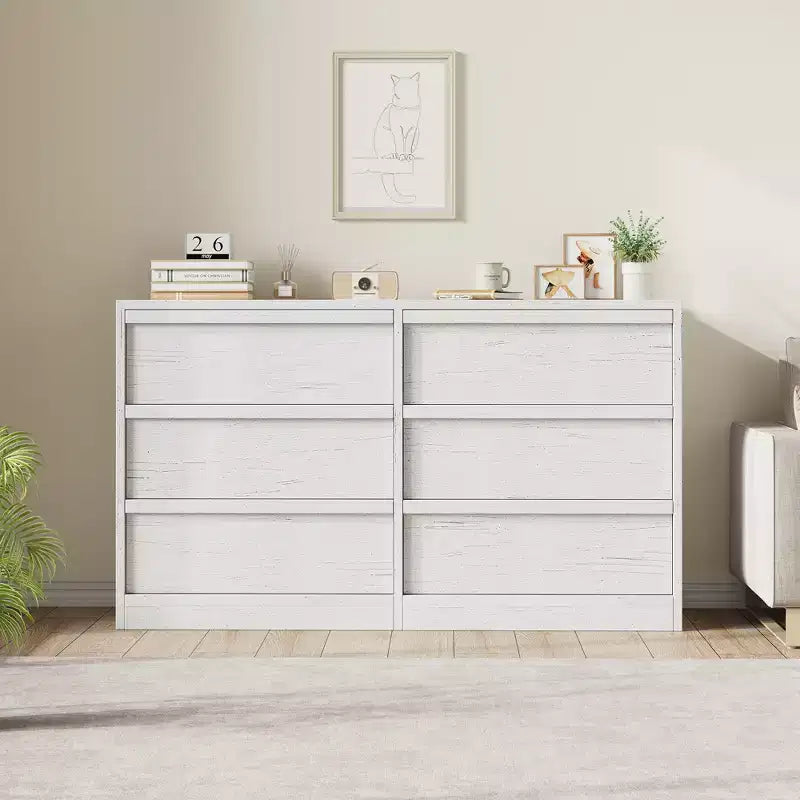 CuisinSmart 6 Drawer Dresser for Bedroom, Natural Double Dresser Organizer with Concave Handles, Modern Chest of Drawers, White