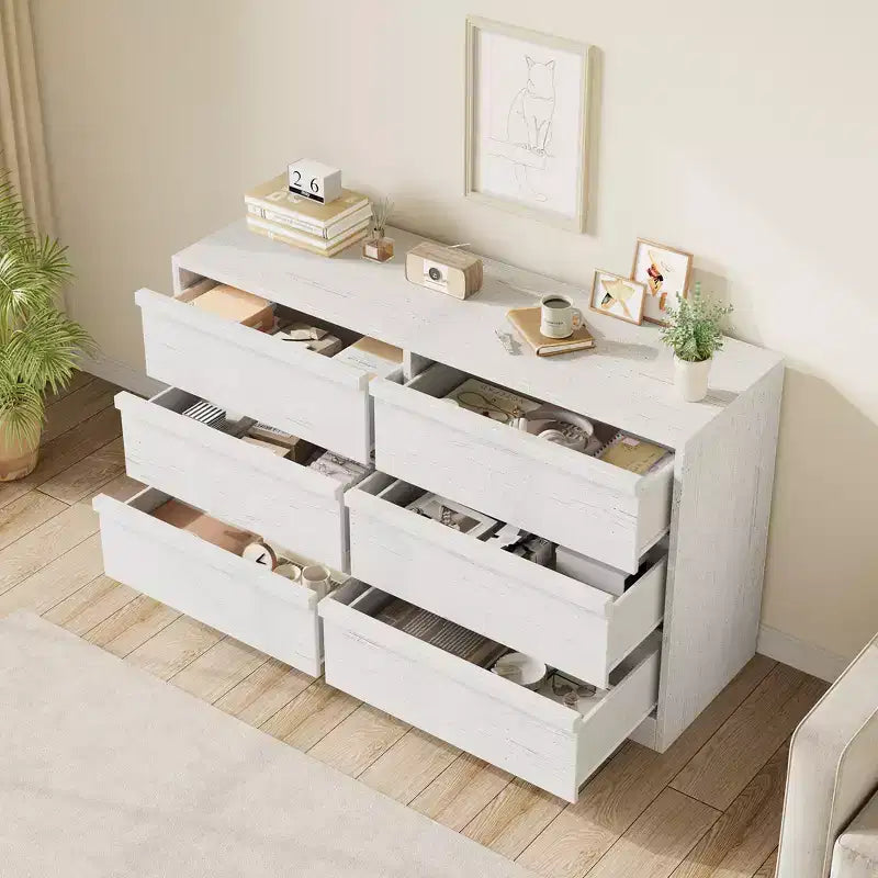 6 Drawer Dresser for Bedroom, Natural Double Dresser Organizer with Concave Handles, Modern Chest of Drawers, White