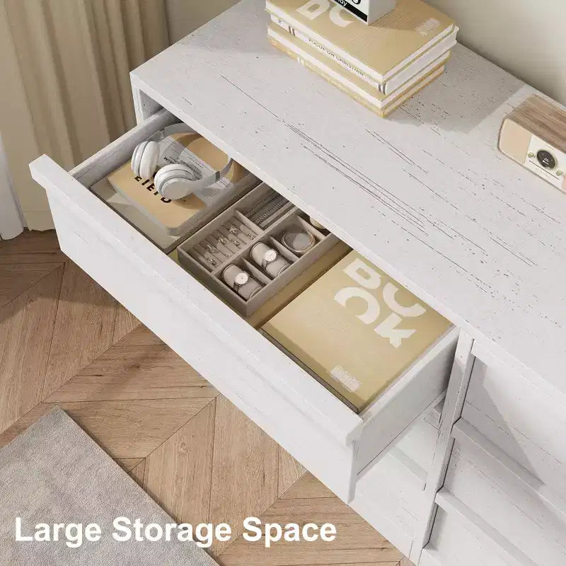 6 Drawer Dresser for Bedroom, Natural Double Dresser Organizer with Concave Handles, Modern Chest of Drawers, White