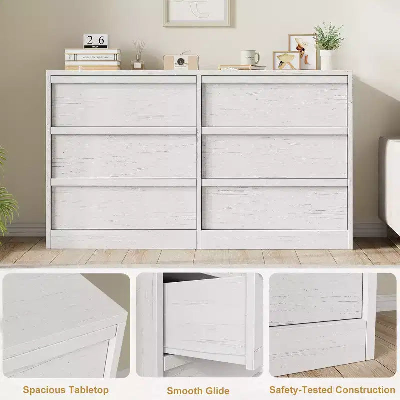 6 Drawer Dresser for Bedroom, Natural Double Dresser Organizer with Concave Handles, Modern Chest of Drawers, White
