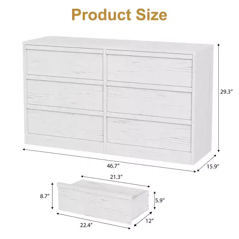 6 Drawer Dresser for Bedroom, Natural Double Dresser Organizer with Concave Handles, Modern Chest of Drawers, White