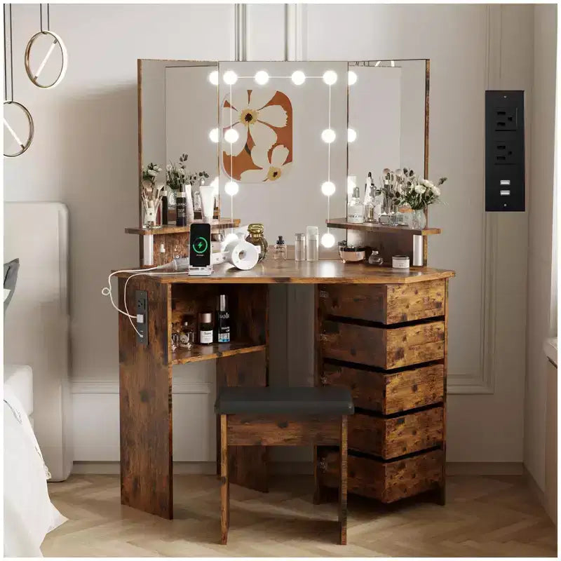 Corner Vanity Desk with Mirror and Lights, 3 Color Lighting Makeup Vanity with Power Outlet, 5 Rotating Drawers, Stool & Open Shelves