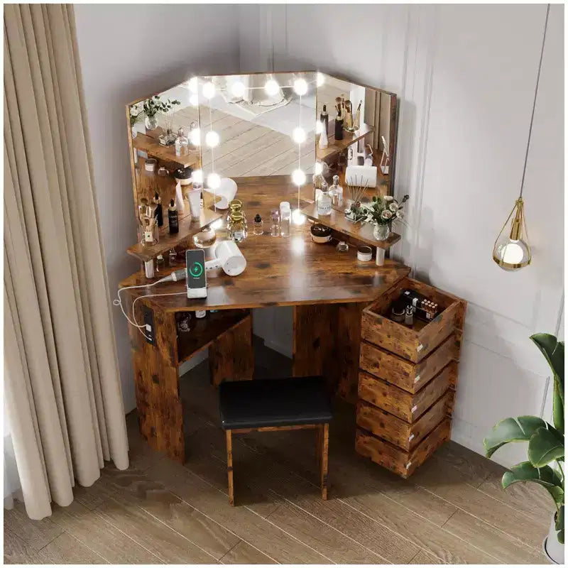 Corner Vanity Desk with Mirror and Lights, 3 Color Lighting Makeup Vanity with Power Outlet, 5 Rotating Drawers, Stool & Open Shelves