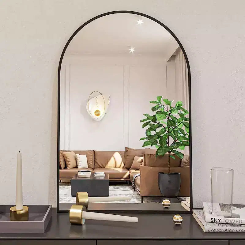 Black Metal Arched Bathroom Wall Mirror