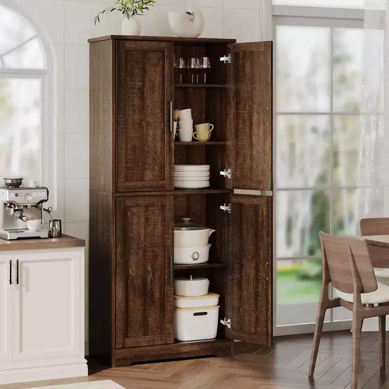 Freestanding 70 Tall Kitchen Pantry Cabinet with 4 Doors & Open Shelves, Adjustable Storage Cupboard for Dining Room, Bathroom, Living Room