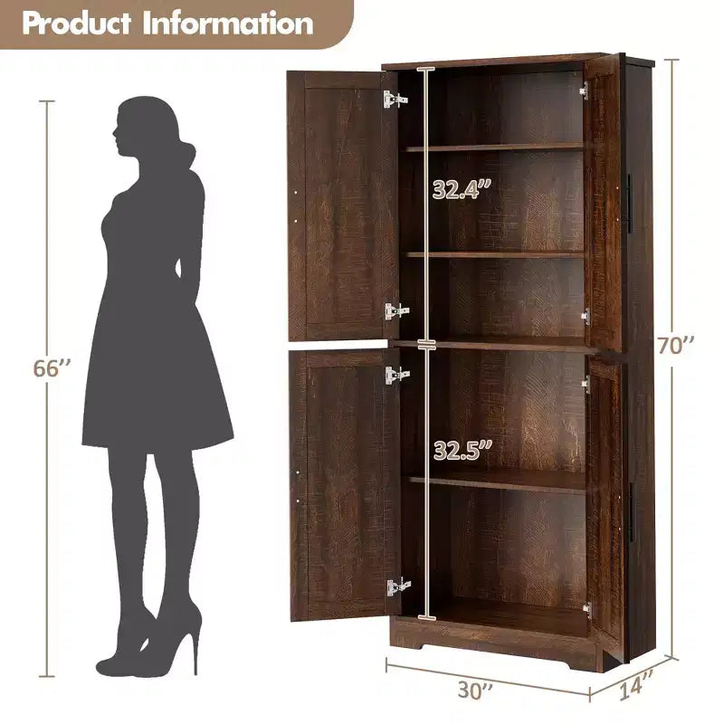 Freestanding 70 Tall Kitchen Pantry Cabinet with 4 Doors & Open Shelves, Adjustable Storage Cupboard for Dining Room, Bathroom, Living Room