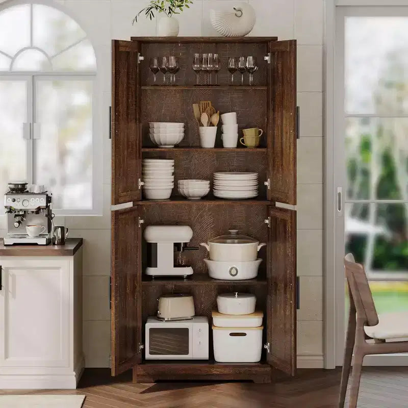 Freestanding 70 Tall Kitchen Pantry Cabinet with 4 Doors & Open Shelves, Adjustable Storage Cupboard for Dining Room, Bathroom, Living Room