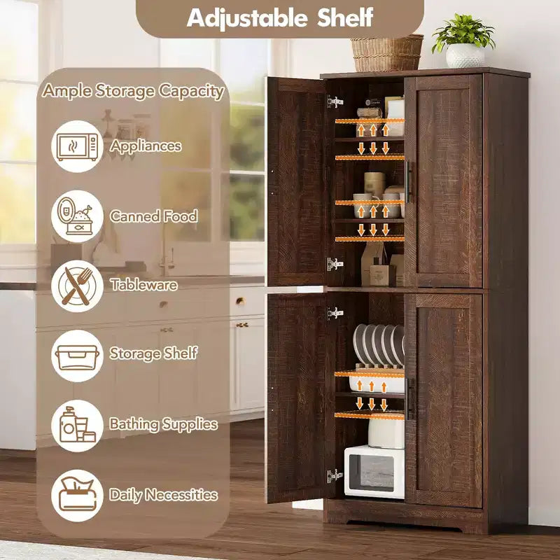 Freestanding 70 Tall Kitchen Pantry Cabinet with 4 Doors & Open Shelves, Adjustable Storage Cupboard for Dining Room, Bathroom, Living Room