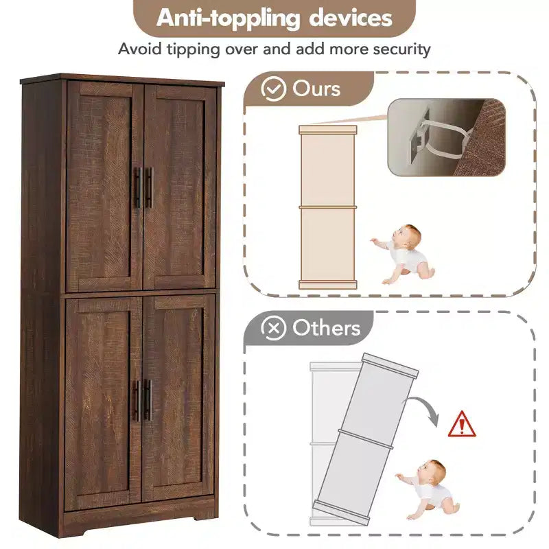 Freestanding 70 Tall Kitchen Pantry Cabinet with 4 Doors & Open Shelves, Adjustable Storage Cupboard for Dining Room, Bathroom, Living Room