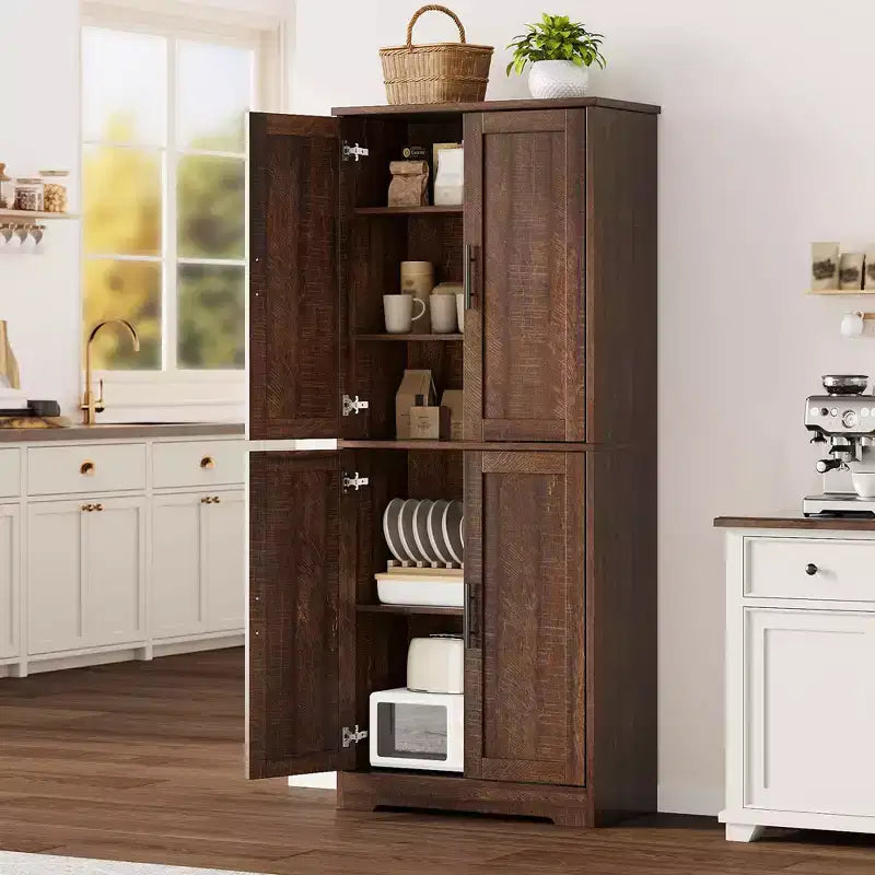 Freestanding 70 Tall Kitchen Pantry Cabinet with 4 Doors & Open Shelves, Adjustable Storage Cupboard for Dining Room, Bathroom, Living Room