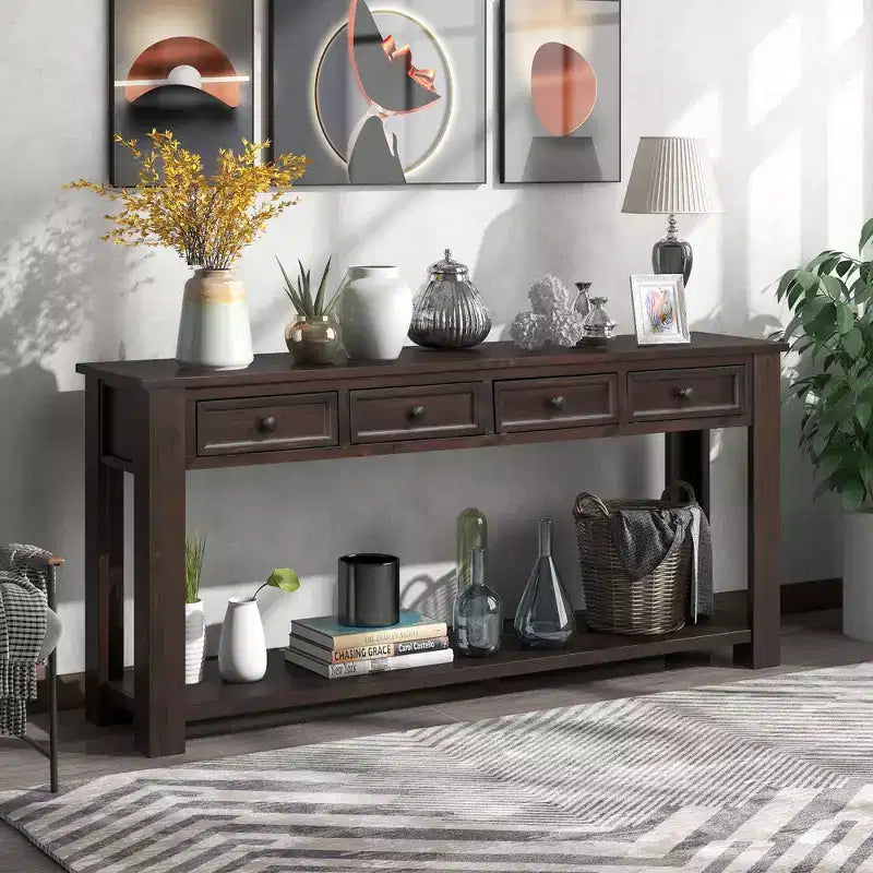 Lance Solid Wood Console Table with Drawers and Bottom Shelf