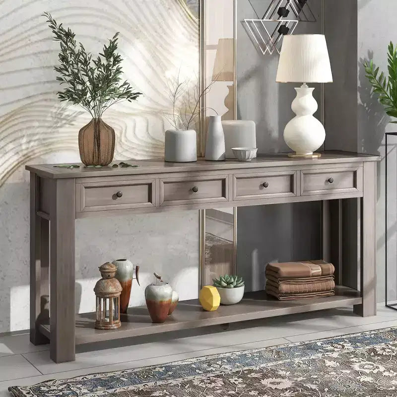 Lance Solid Wood Console Table with Drawers and Bottom Shelf