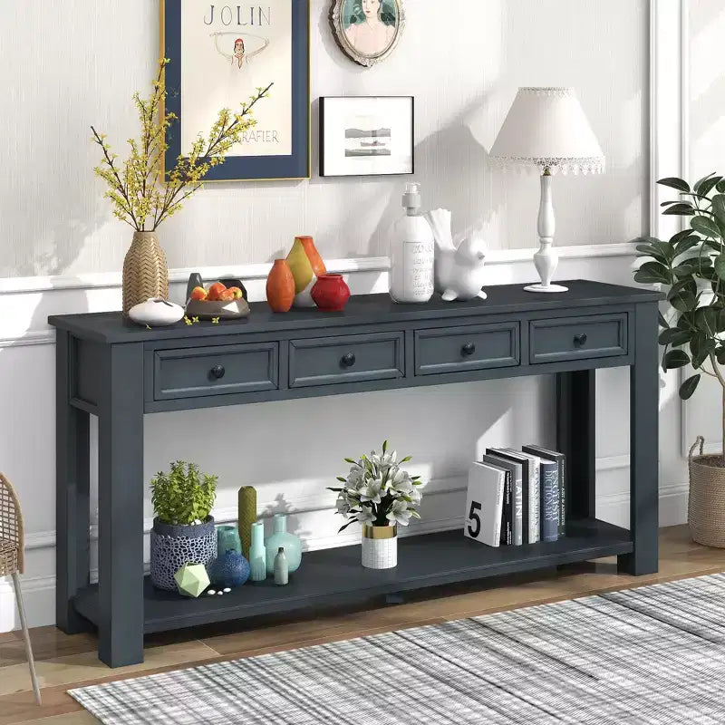 Lance Solid Wood Console Table with Drawers and Bottom Shelf