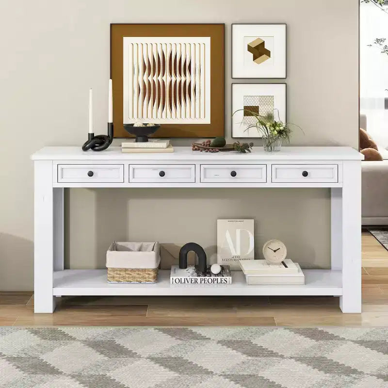 GDFStudio Lance Solid Wood Console Table with Drawers and Bottom Shelf