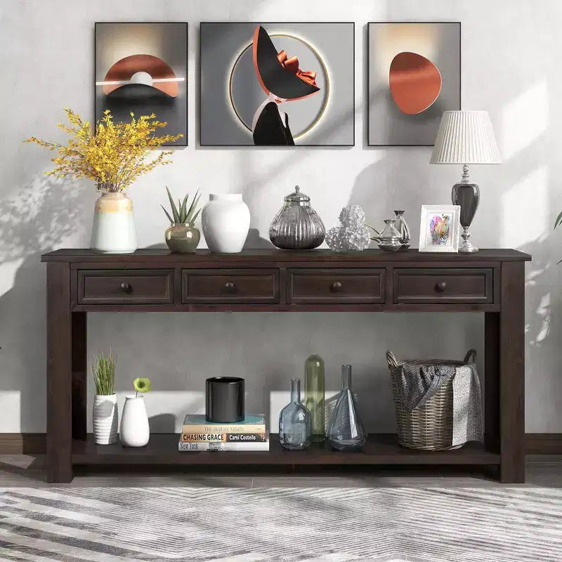 Lance Solid Wood Console Table with Drawers and Bottom Shelf