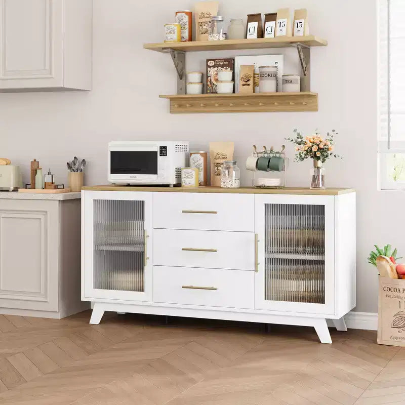 56 Sideboard Buffet Cabinet with 2 Fluted Glass Doors, 3 Large Drawers Modern Coffee Bar for Kitchen Dining Living Room