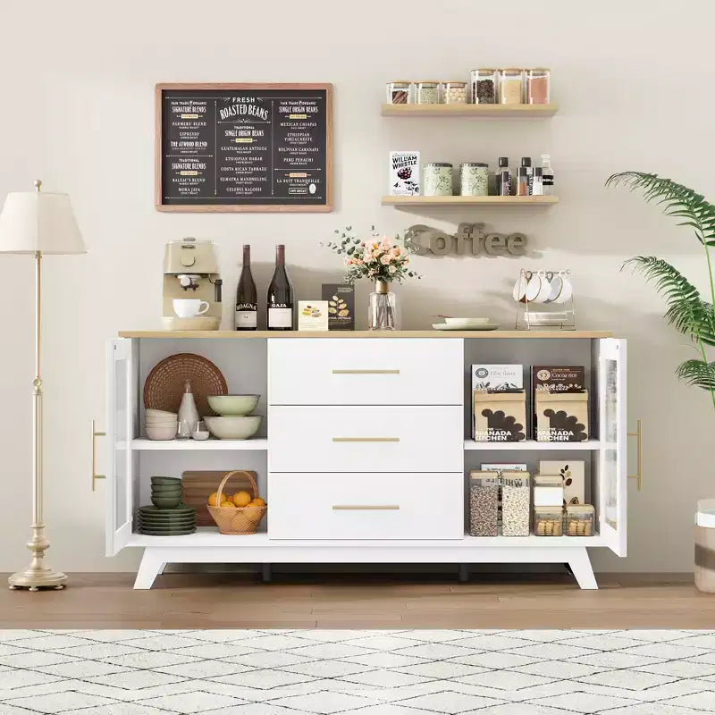 56 Sideboard Buffet Cabinet with 2 Fluted Glass Doors, 3 Large Drawers Modern Coffee Bar for Kitchen Dining Living Room