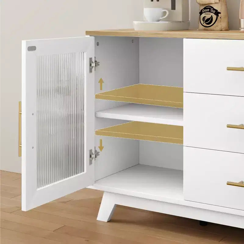 56 Sideboard Buffet Cabinet with 2 Fluted Glass Doors, 3 Large Drawers Modern Coffee Bar for Kitchen Dining Living Room