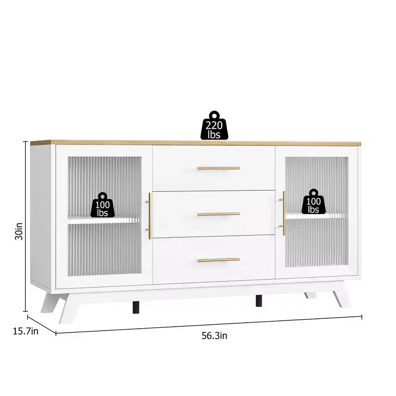 56 Sideboard Buffet Cabinet with 2 Fluted Glass Doors, 3 Large Drawers Modern Coffee Bar for Kitchen Dining Living Room