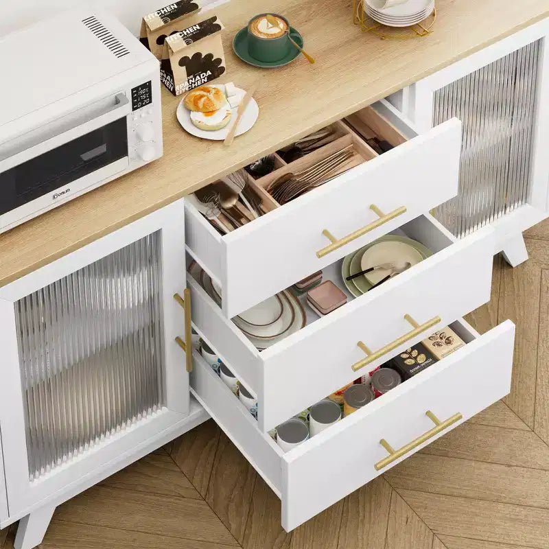 56 Sideboard Buffet Cabinet with 2 Fluted Glass Doors, 3 Large Drawers Modern Coffee Bar for Kitchen Dining Living Room