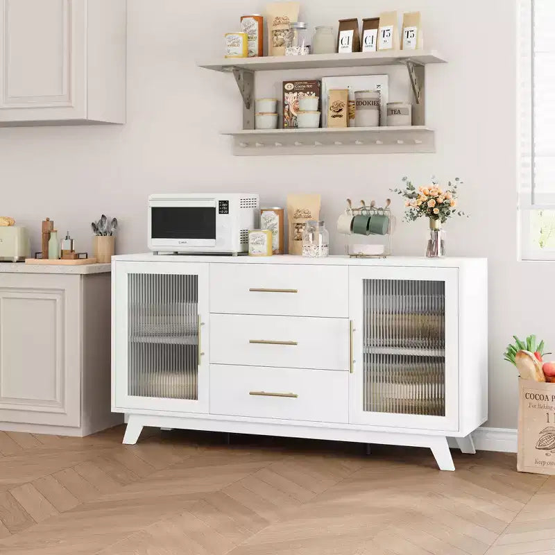 56 Sideboard Buffet Cabinet with 2 Fluted Glass Doors, 3 Large Drawers Modern Coffee Bar for Kitchen Dining Living Room