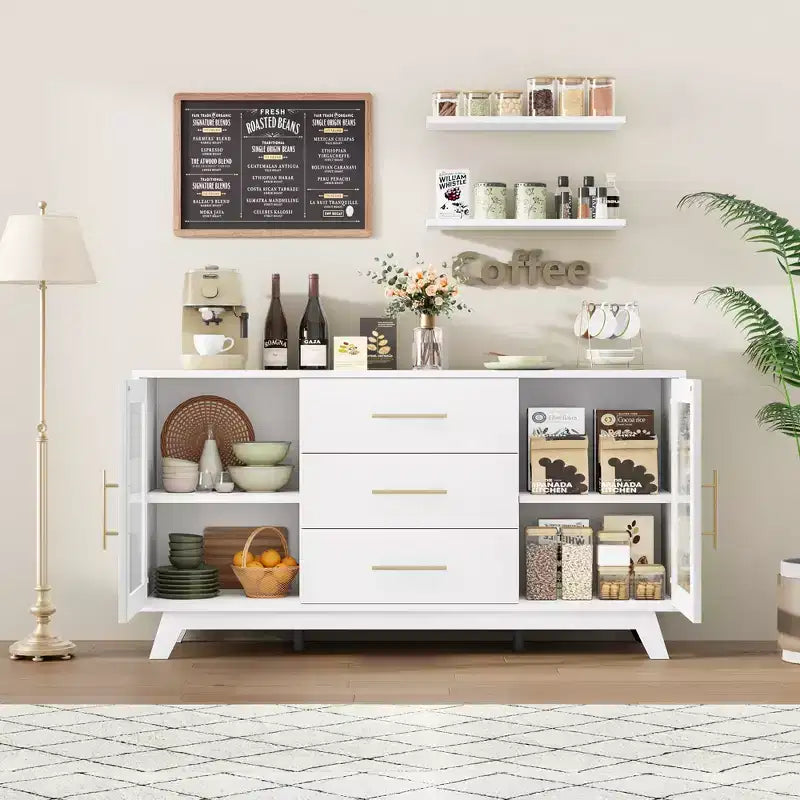 56 Sideboard Buffet Cabinet with 2 Fluted Glass Doors, 3 Large Drawers Modern Coffee Bar for Kitchen Dining Living Room