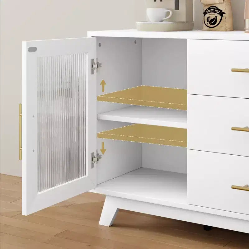 56 Sideboard Buffet Cabinet with 2 Fluted Glass Doors, 3 Large Drawers Modern Coffee Bar for Kitchen Dining Living Room