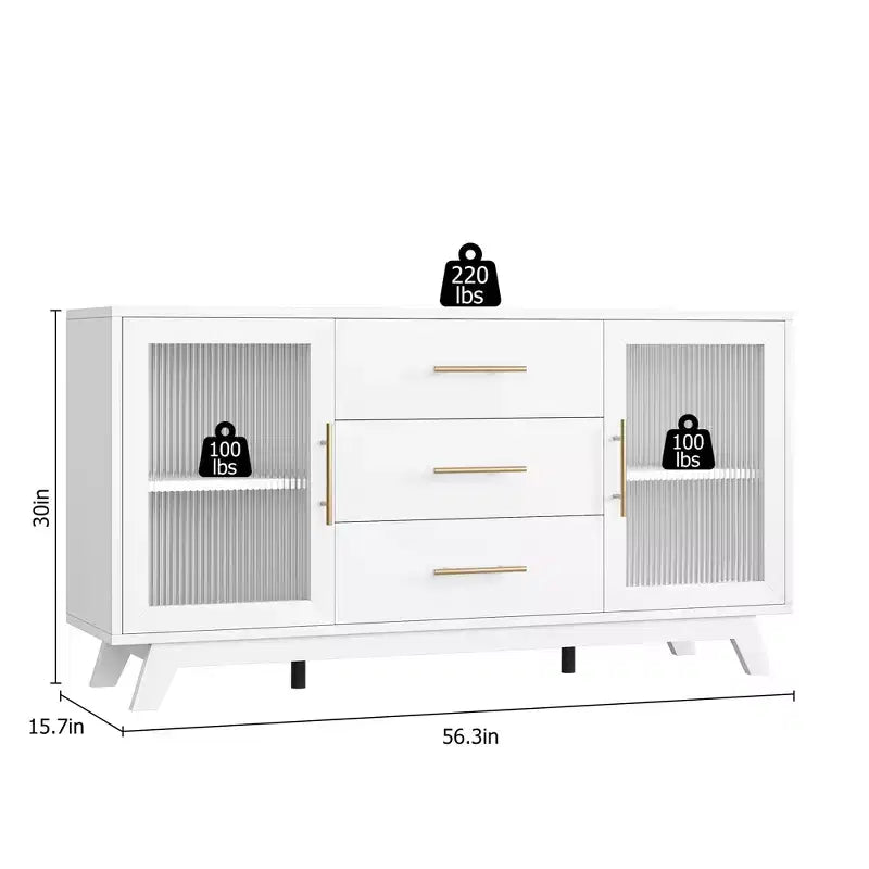 56 Sideboard Buffet Cabinet with 2 Fluted Glass Doors, 3 Large Drawers Modern Coffee Bar for Kitchen Dining Living Room
